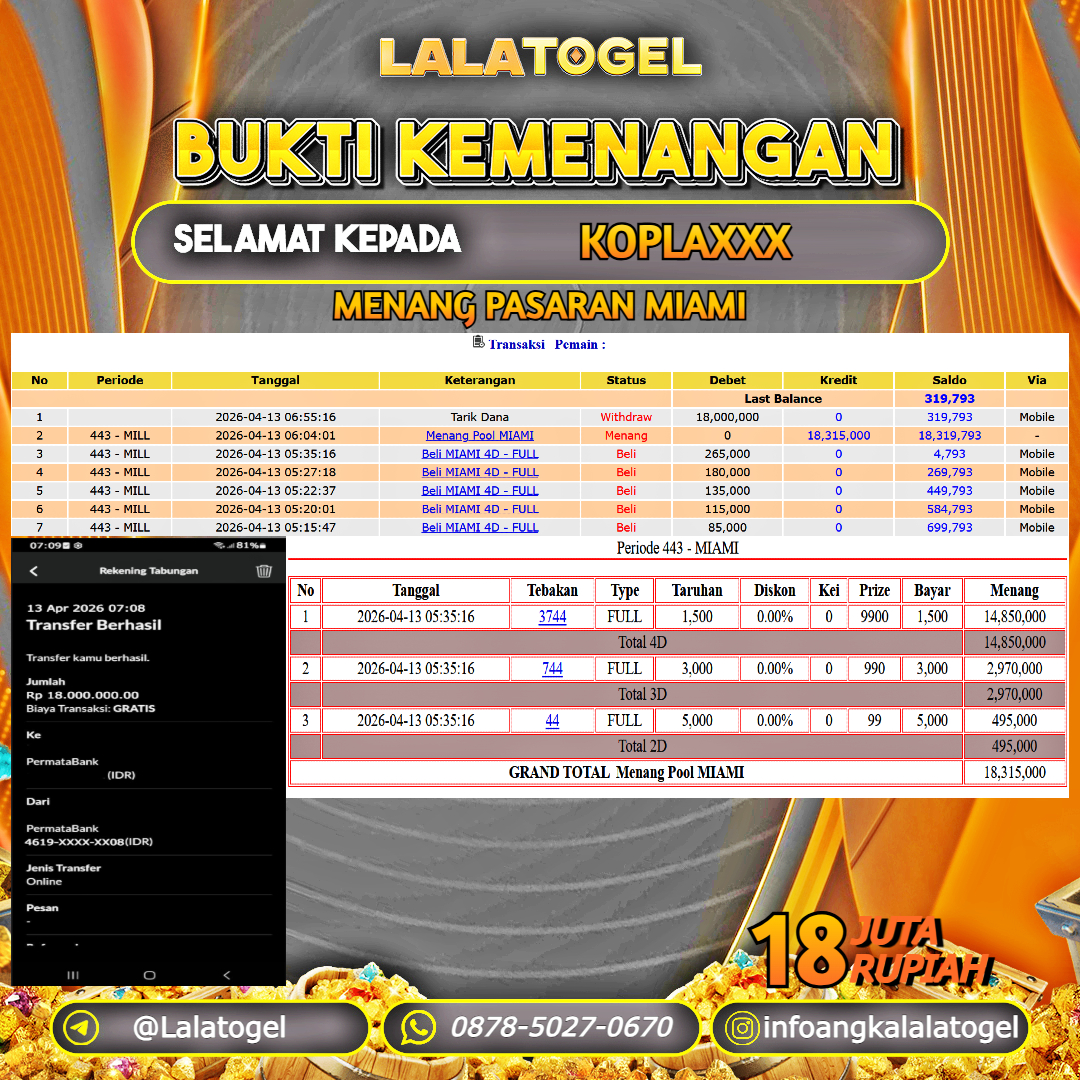 LALATOGEL JACKPOT TOGEL PASARAN MIAMI RP.18.000.000, - LUNAS USER ID : KOPLAXXX