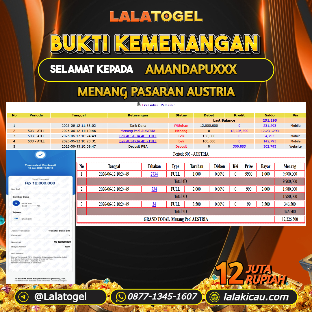 LALATOGEL JACKPOT TOGEL PASARAN AUSTRIA RP.12.000.000, - LUNAS USER ID : AMANDAPUXXX 