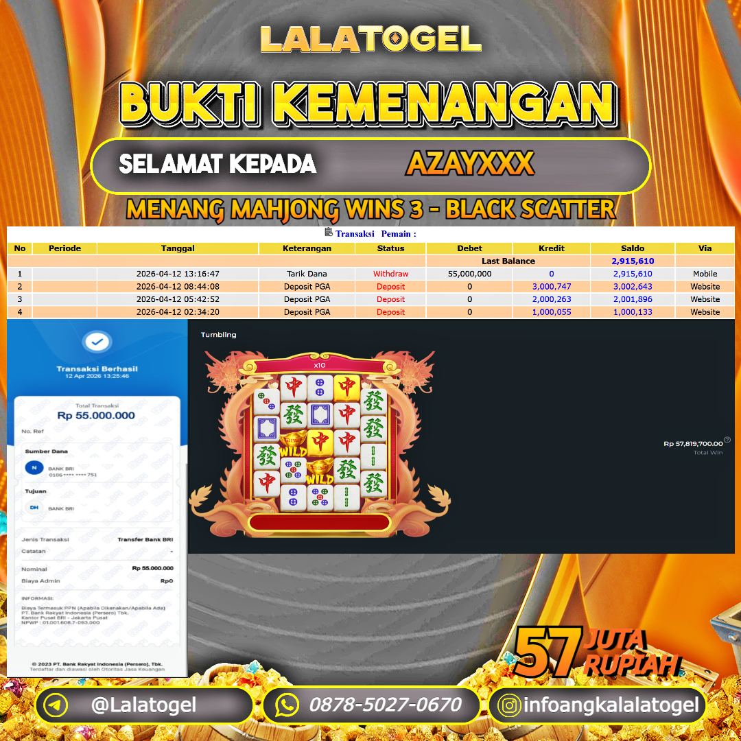 LALATOGEL JACKPOT SLOT MAHJONG WINS 3 - BLACK SCATTER RP.57.000.000, - LUNAS USER ID : AZAYXXX