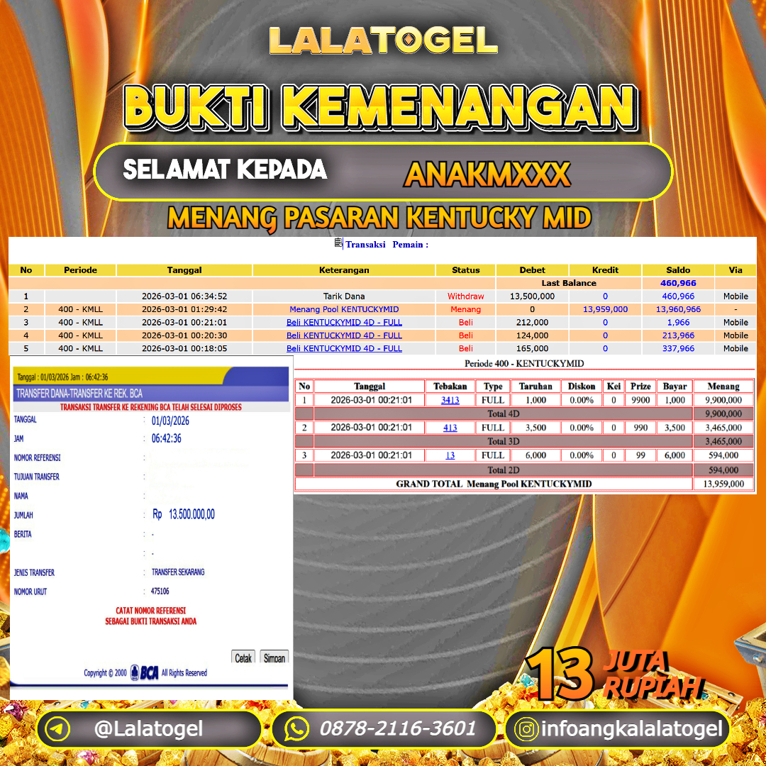 LALATOGEL JACKPOT TOGEL PASARAN KENTUCKY MID RP.13.000.000, - LUNAS USER ID : ANAKMXXX 